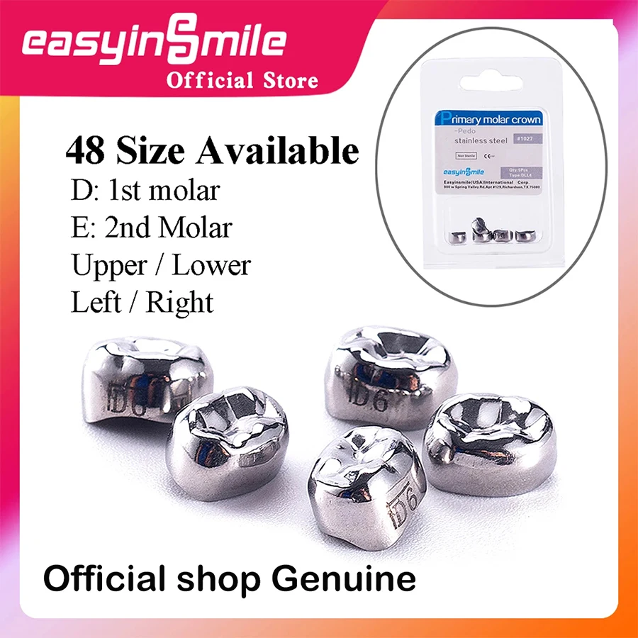 5PCS EASYINSMILE Dental Crown Kids Primary Molar Teeth Refill Stainless Steel Crowns for Upper/Lower Left/Right 1st/2nd D2-D7