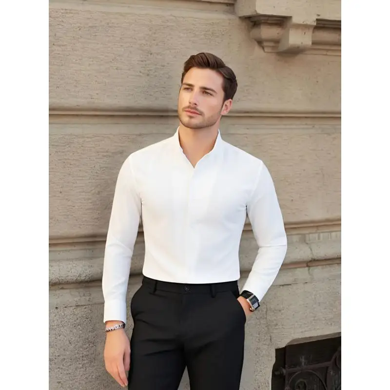 Men\'s Long Sleeve Shirt Stylish Chinese Stand Collar Business Shirts Casual Slim Fit Office Wear Social Shirt White Luxury 2024