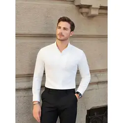 Men's Long Sleeve Shirt Stylish Chinese Stand Collar Business Shirts Casual Slim Fit Office Wear Social Shirt White Luxury 2024