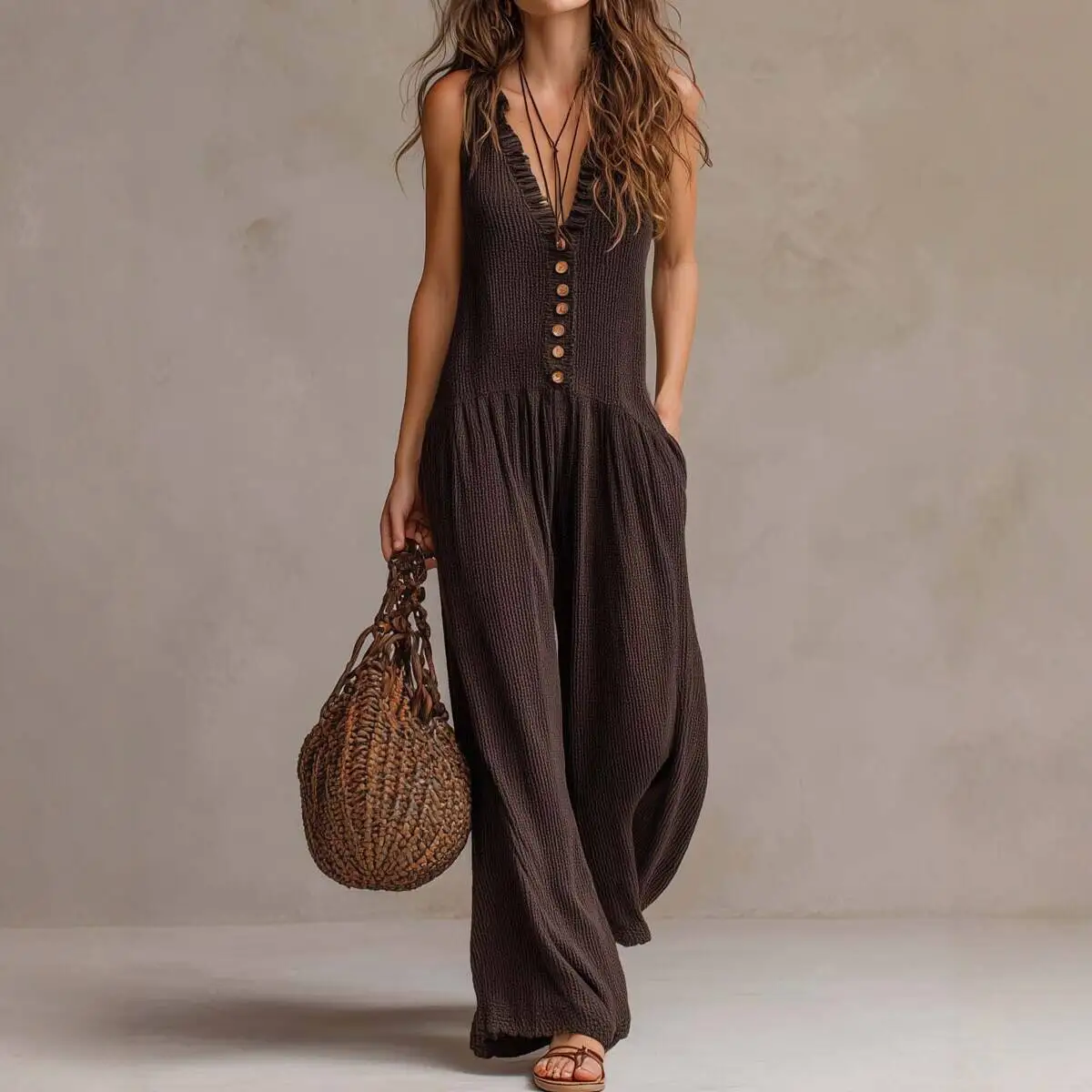 

Свободный повседневный вязаный комбинезон с широкими штанинами для женщин: модный, универсальный, без рукавов, с V-образным вырезом, цельный костюм с высокой талией и длинными брюками