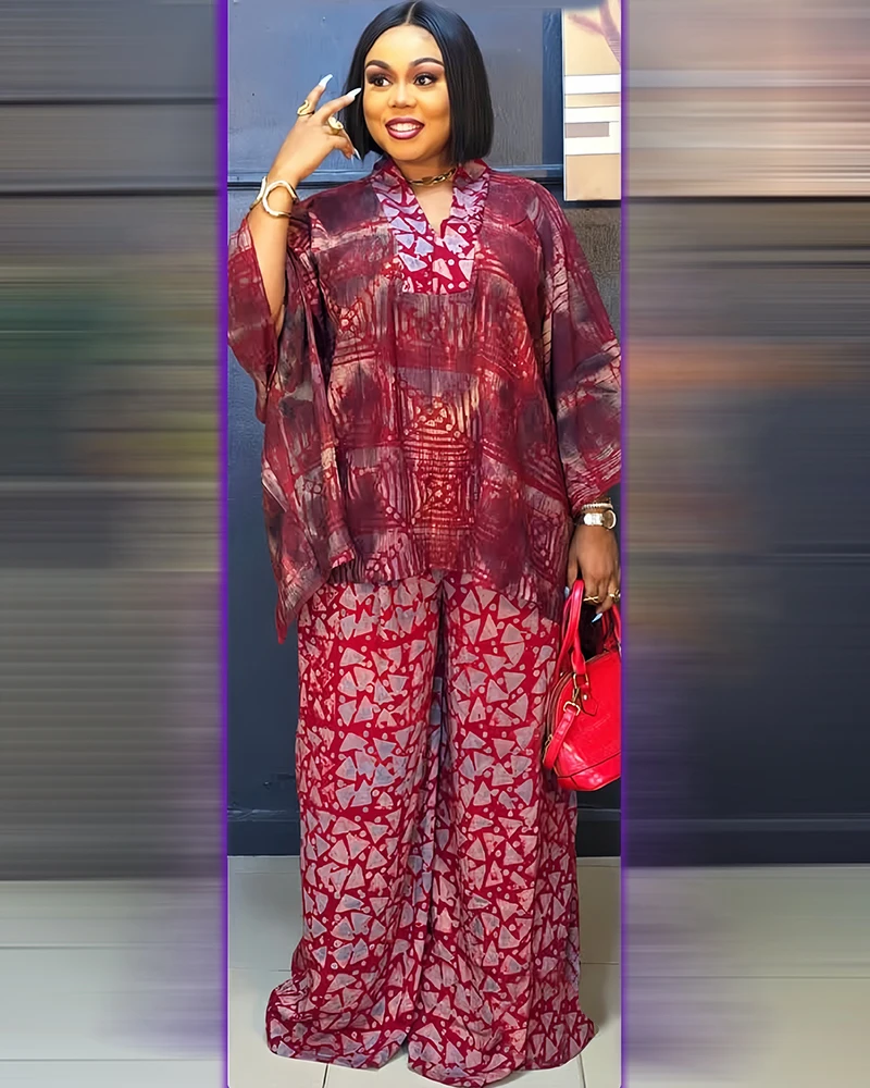 Two 2 Piece Set V-neck Clothes for Women African Print Dresses Vacation Outfits 2025 Tops Pant Sets Dashiki Ankara Turkey Dames