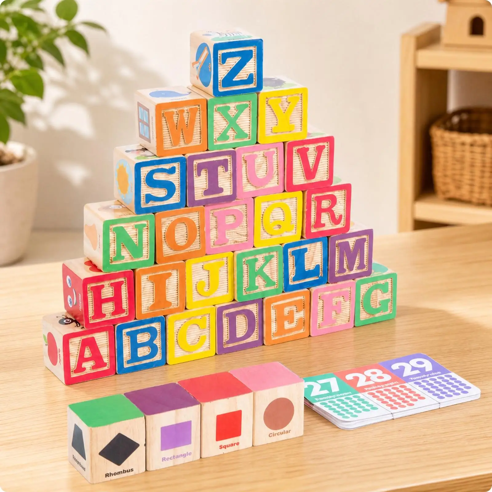 Children Educational Wooden Cubes Puzzle Toy with Number Cards for Kids Alphabet Recognition and Stacking Game