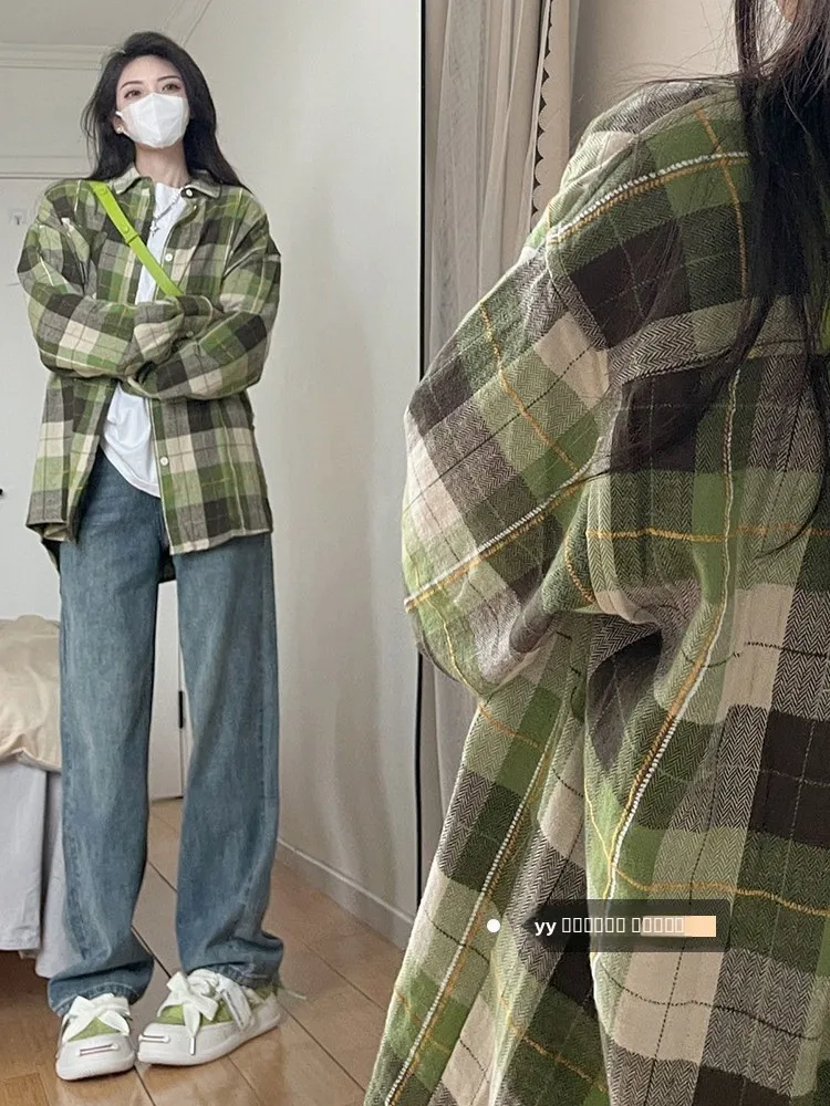 

Ретро een клетчатый свободный длинный све женская осенняя верхняя одежда irt повседневный удобный женский топ на пуговицах