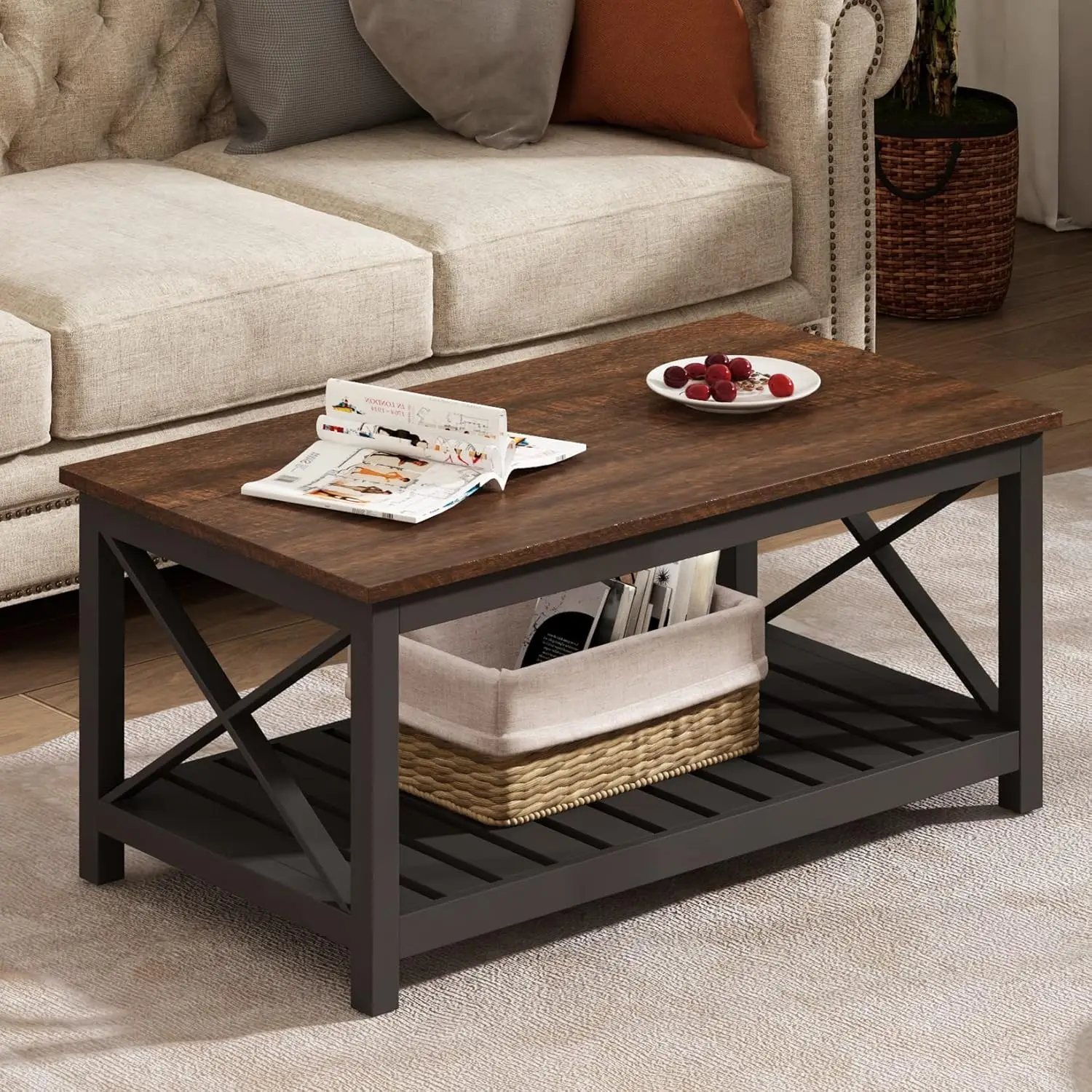 

Coffee Table Rustic Vintage Farmhouse Living Room Table with Shelf 40
