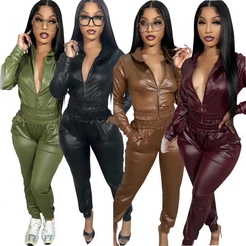 2026 New High Waist Deep V Neck Front Open Zipper PU Imitation Leather Jumpsuit Slimming Women Suit Multiple Colors Optional