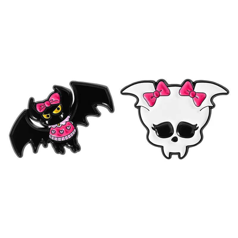 2pcs Pastel Goth Bat & Skull Enamel Pin Set Brooches for Backpack Clothing Jewelry Fashionable Clothing Accessories view 3