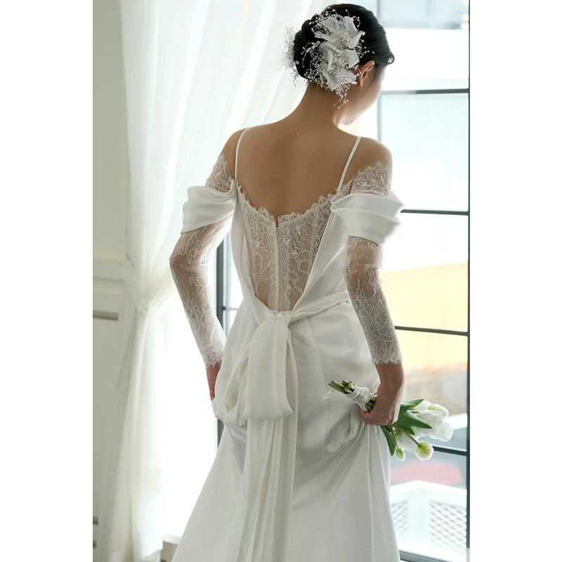 2022 Spaghetti Straps Mermaid Ivory High Split Bride Dresses Wedding Dress Satin Simple Lace Korea Backless Ivory Bridal Gown