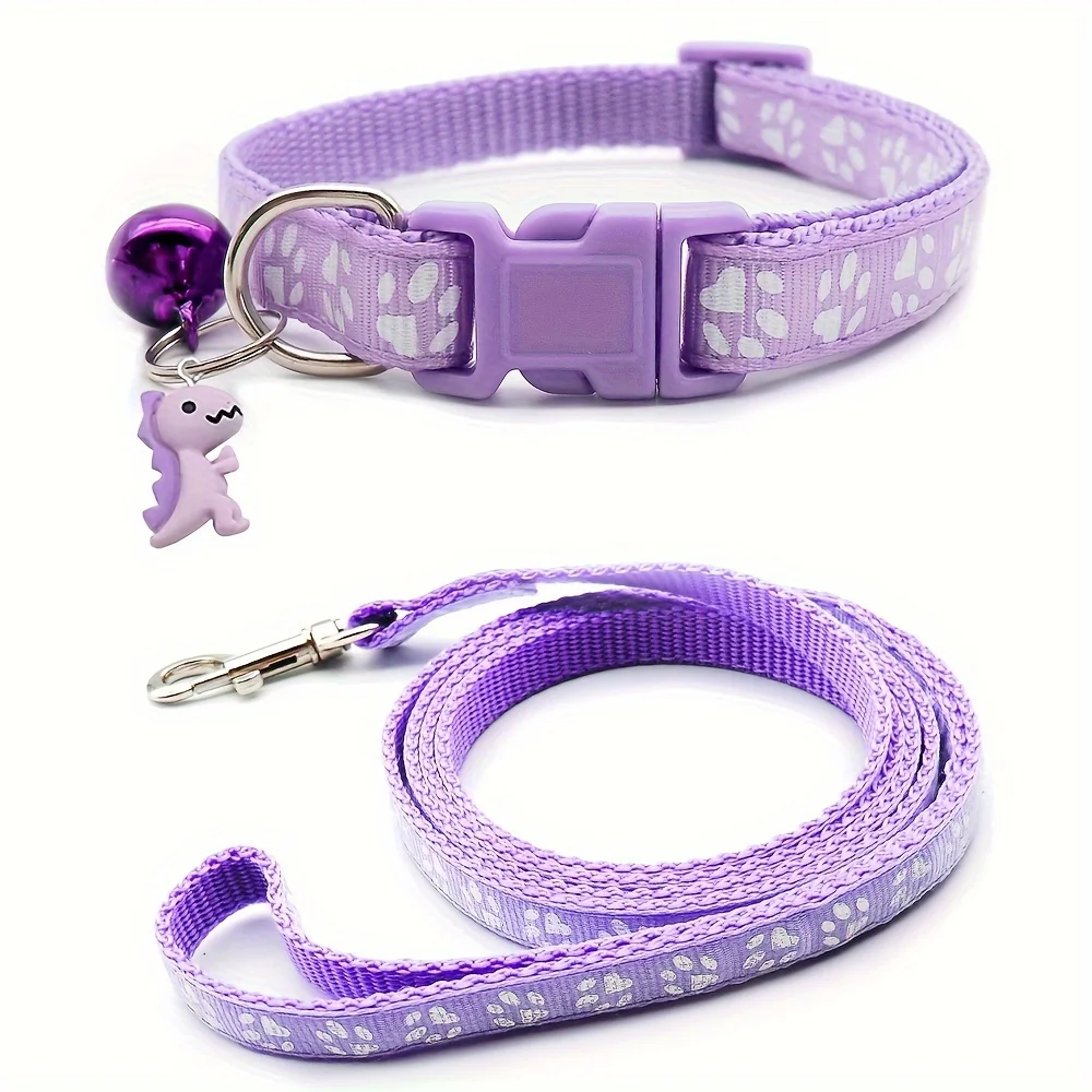 1 Set Cute Cartoon Paw Print Cat Collar & Leash, With Bell for Cat & Puppy, Collar and Leash Set, Without Battery