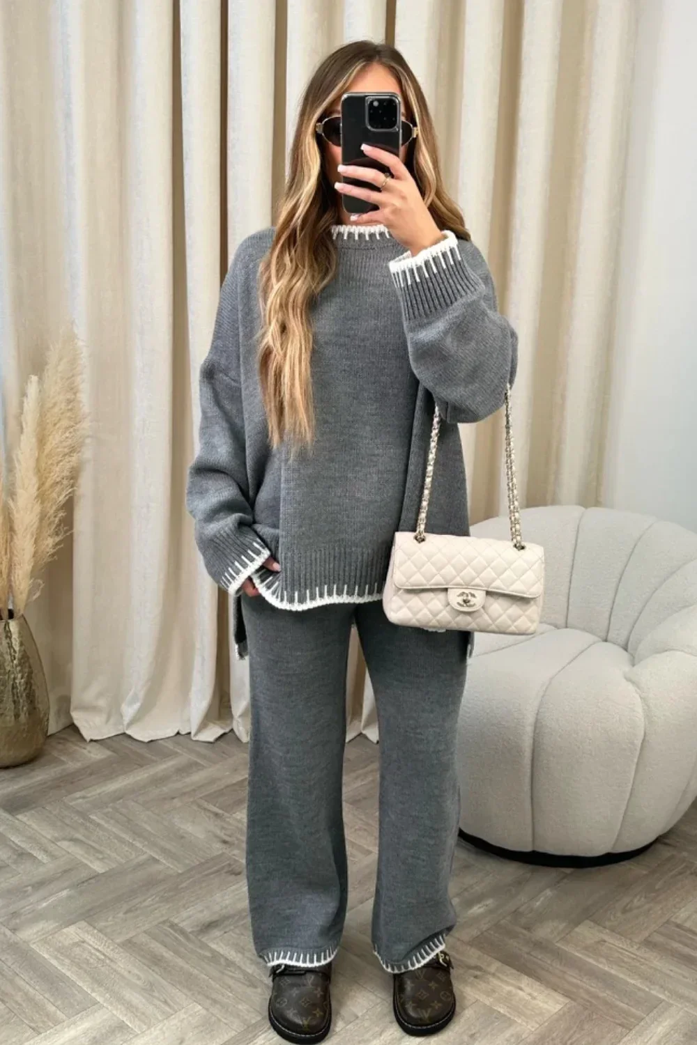 Women's Striped Elegant Knitted Home Suit, Split Sweater Top, Elastic High Waist Straight Pants, 2 Pieces Set, Autumn, Winter