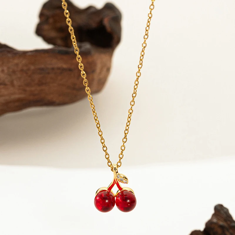 ANENJERY 316L Stainless Steel Cherry Strawberry Grape Pendant Necklace For Women Simple Neck Chain Fashion Jewelry Wholesale