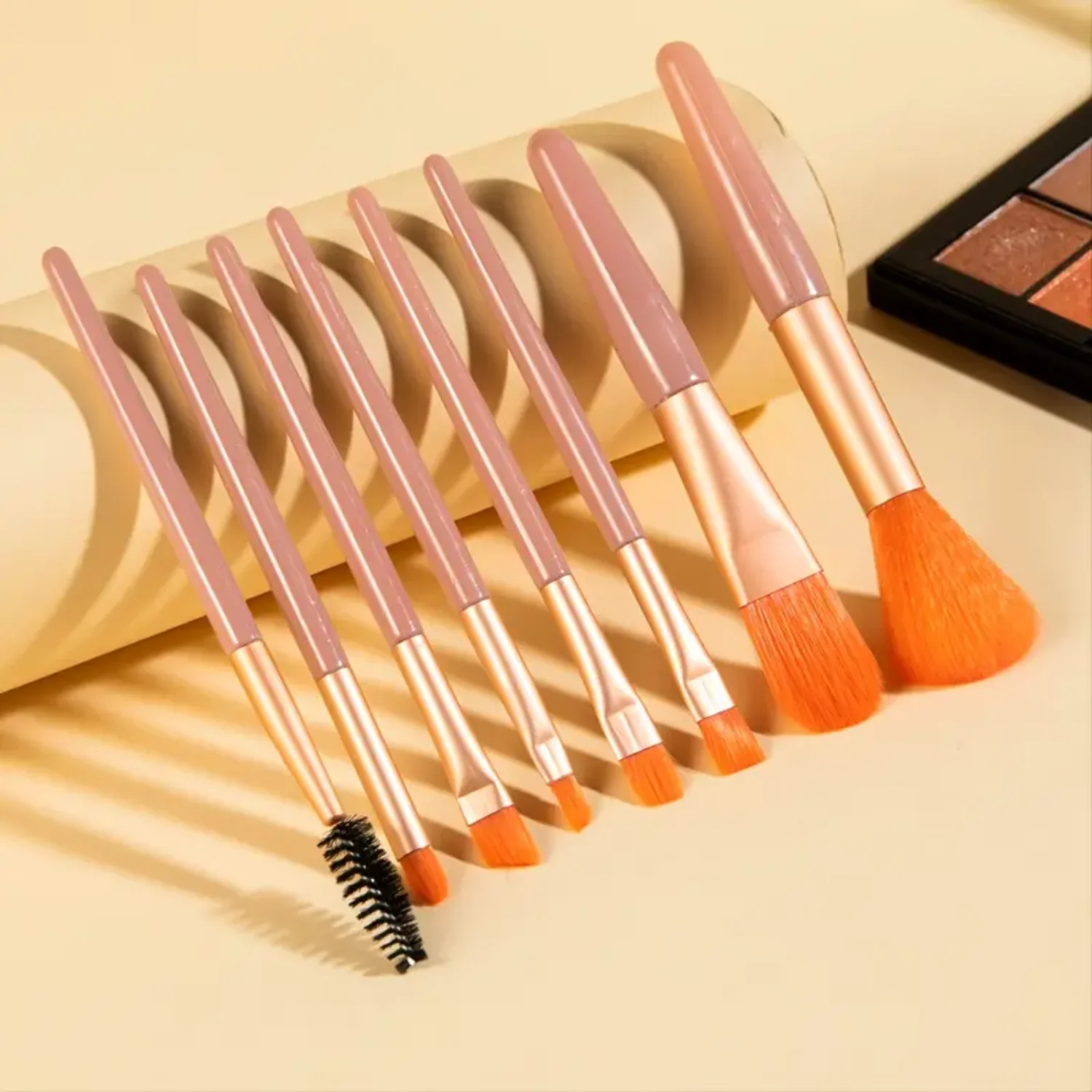8 PCS Portable Makeup Brushes Set, Face Eye Lip Eyeshadow Eyebrow Comb Eyelash Spools Foundation Powder Brush Tools - Orange