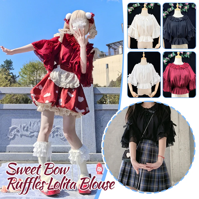 

Harajuku Y2k Lolita Bottom Blouses Women Victorian Sweet Lace Bow Ruffles Flare Sleeve Shirt Japanese Kawaii Shirts Chiffon Tops