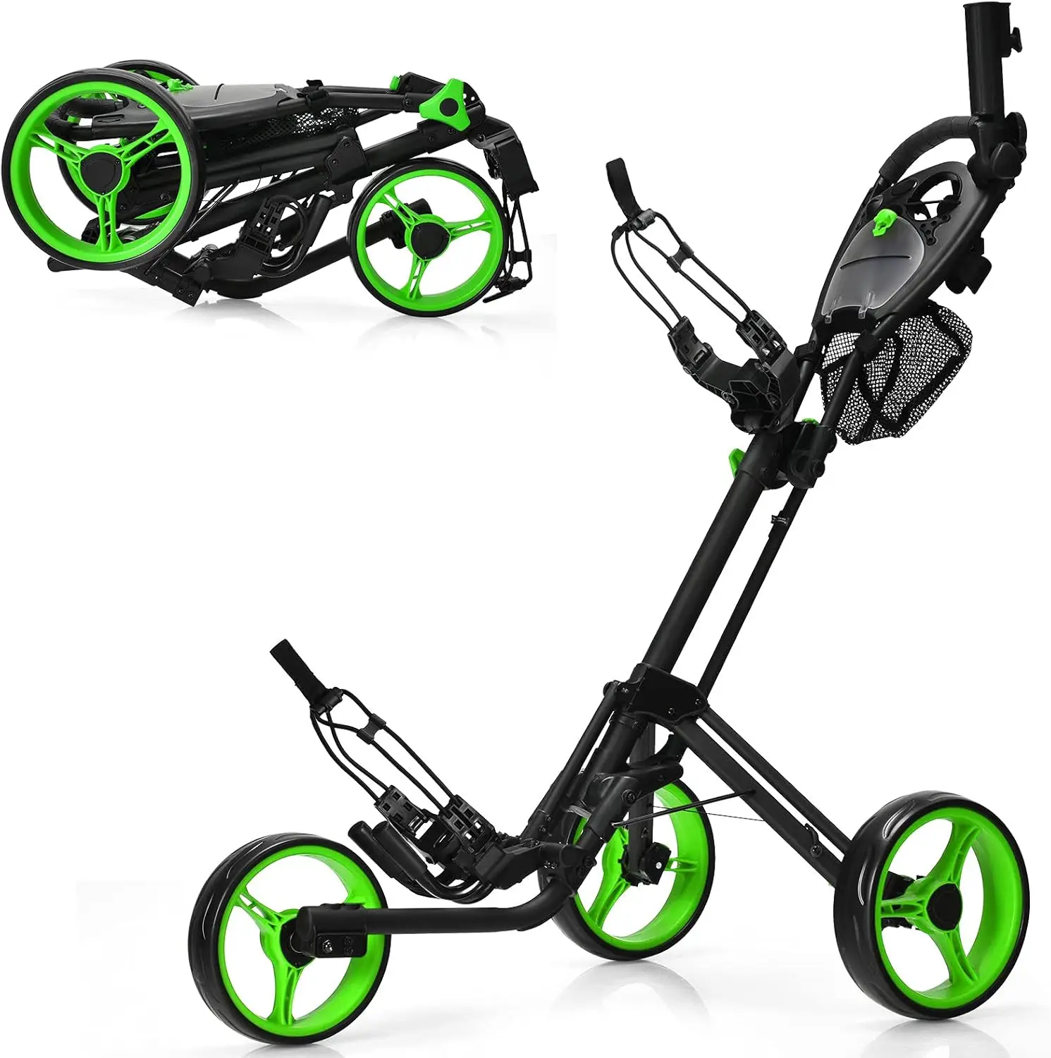 Folding Golf Push Cart, 3 Wheel Height Adjustable Lightweight Golf Push Trolley W/Umbrella Holder & Mesh Bag, Quick Open