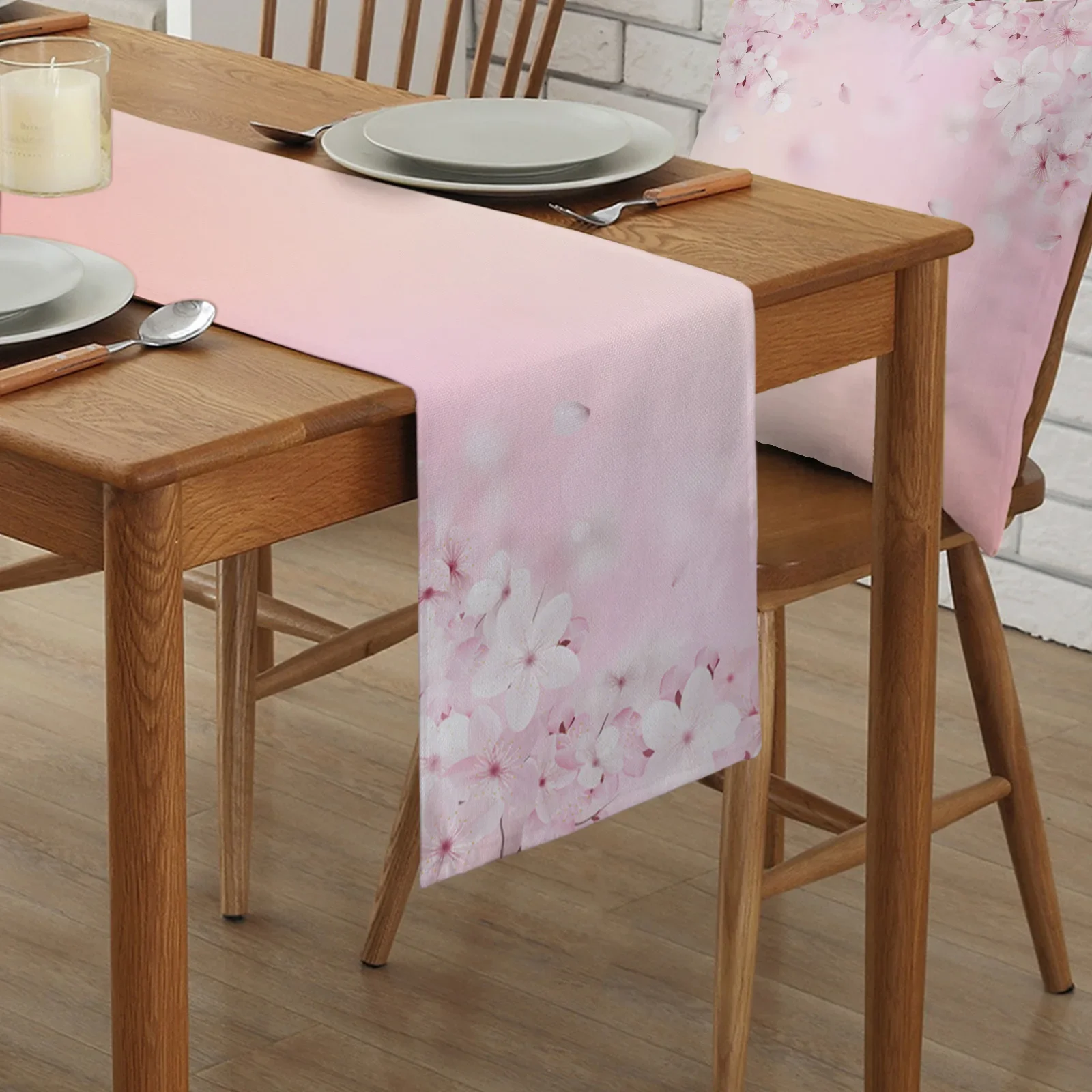 Spring Flower Peach Blossom Pink Cherry Blossoms Linen Table Runners Kitchen Dining Table Decoration Wedding Party Supplies