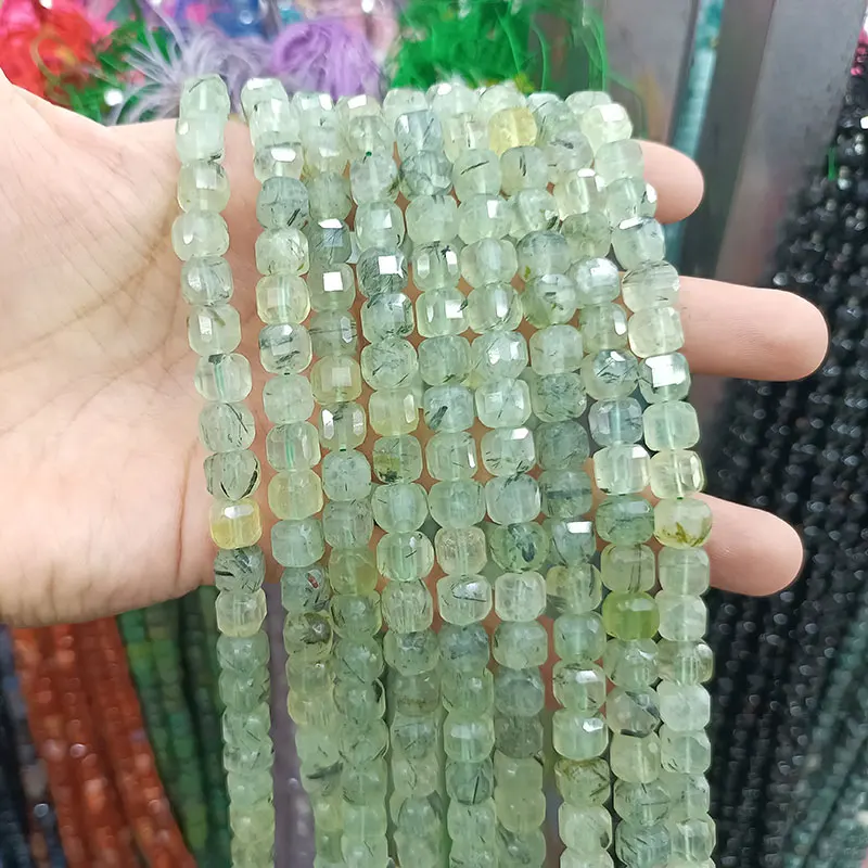 6-8mm Faceted Natural Prehnite Stone Beads Square Cube Geometric Shape Loose Beads for Jewelry Making Diy Beading Accessories