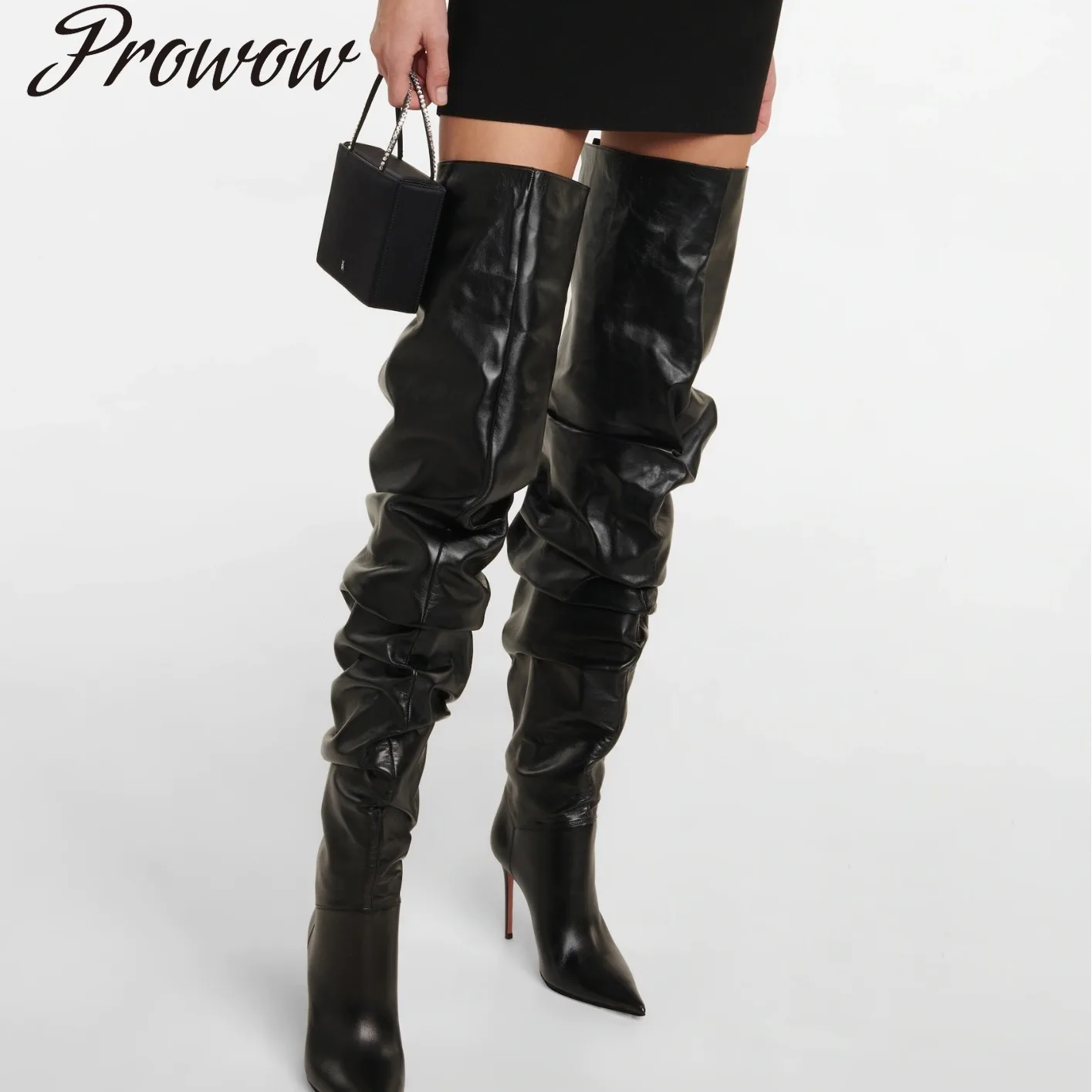 

Новые сапоги выше колена из воловьей кожи на остром и тонком каблуке со складками, женская обувь Zapatos Mujer