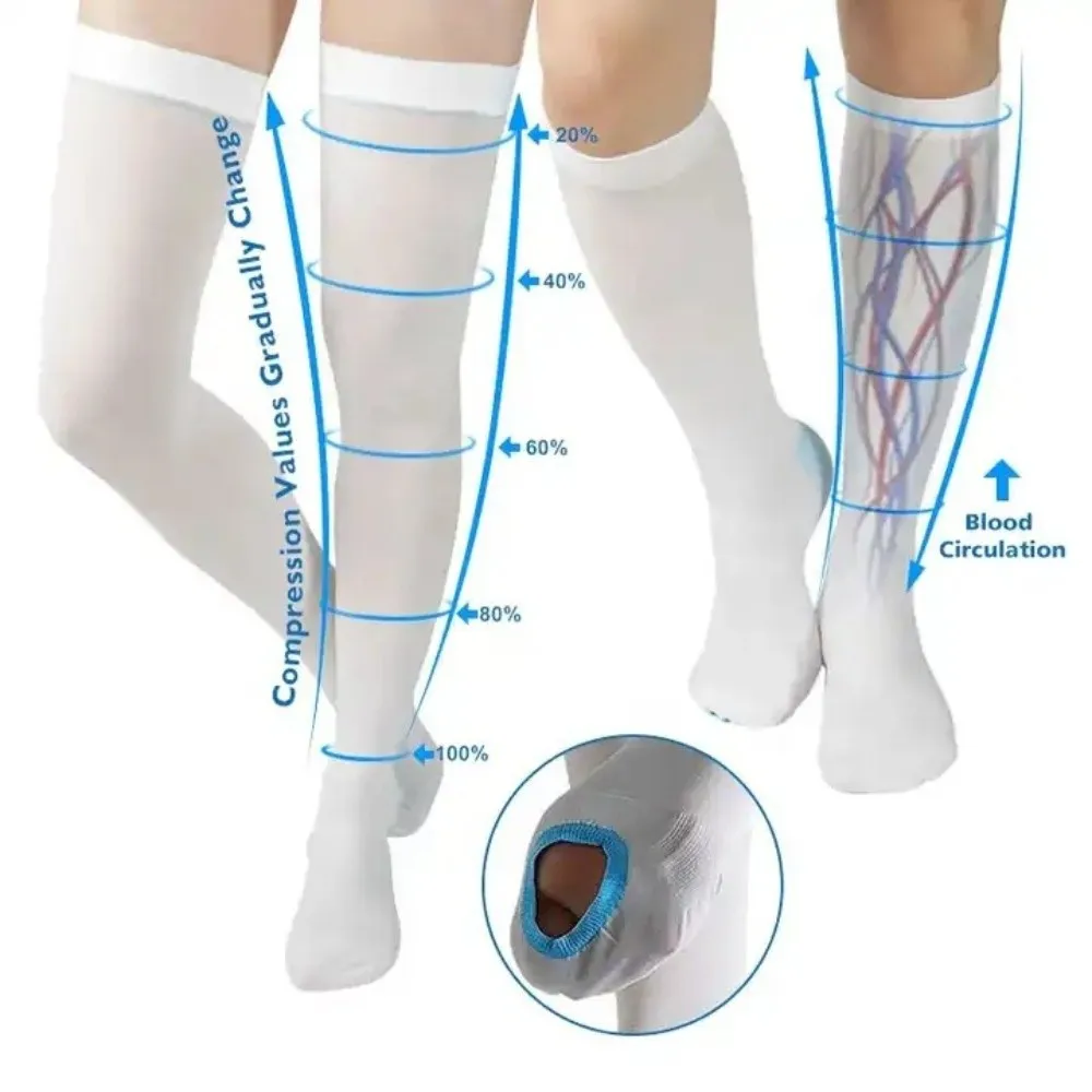 1 Pair Thigh High Anti Embolism Compression Stockings Breathable with Inspect Toe Hole TED Hose Socks White Comfortable