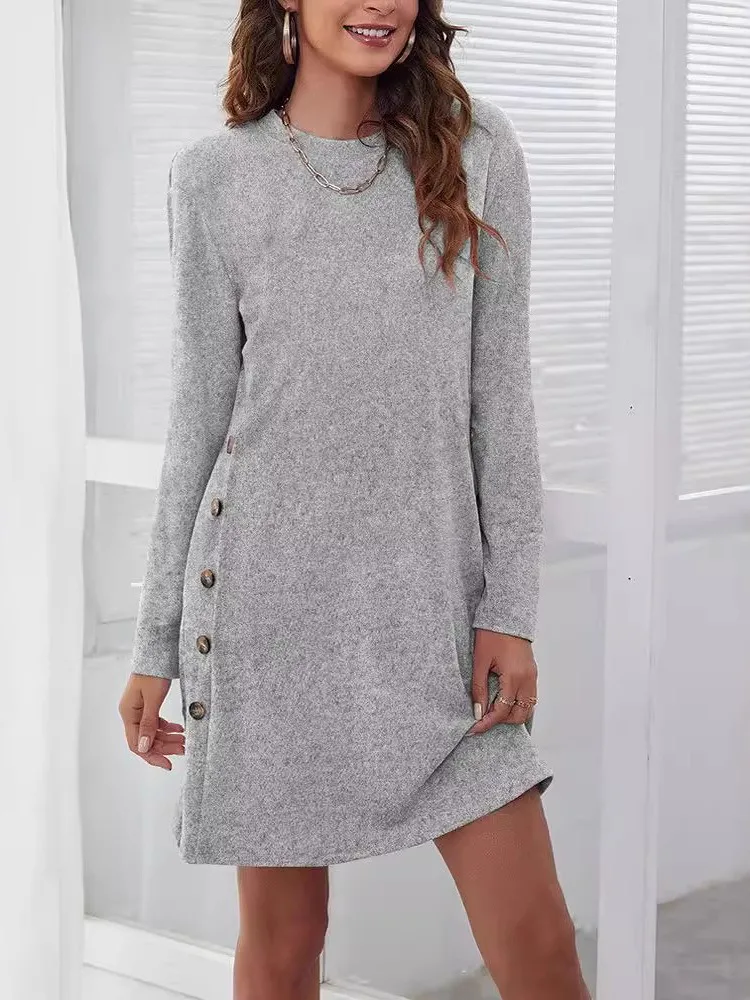 

2024 Spring Autumn Women's New Solid Color Round Neck Casual Loose Long Sleeve Short Dress For Women