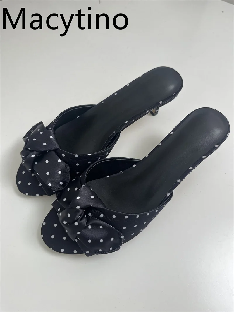 

2025 Polka-dot Satin Open Toe Mules Stiletto High Heel Slip On Sexy Fashion Women's Summer Slippers Banquet Party Black