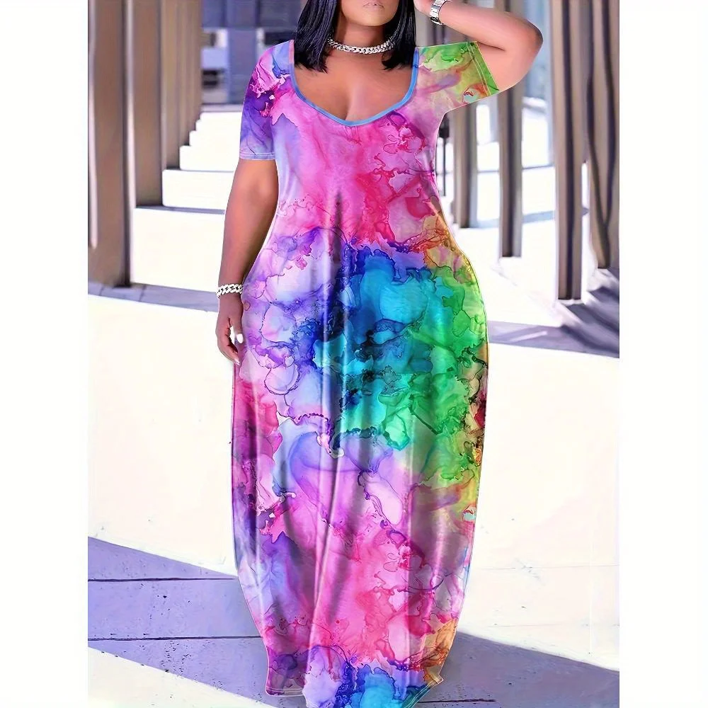 

Rose pink casual print V-neck short sleeved dress