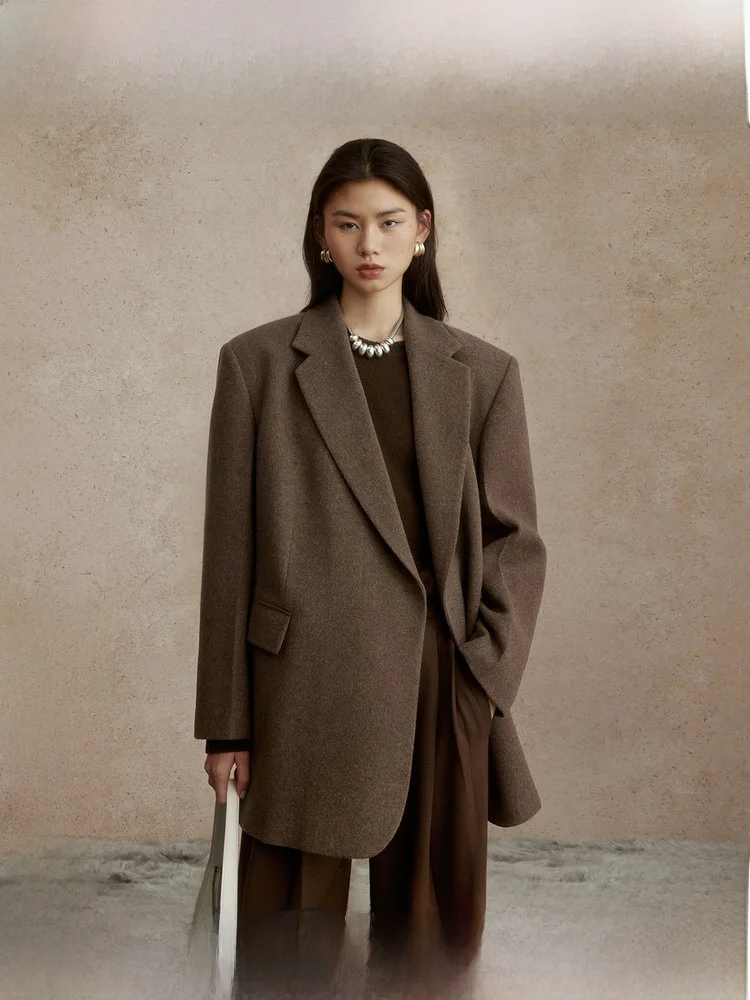 

ZhiZhi Drunken Pavilion Long H-Line Suit Jacket Women's Winter British Style Woolen Coat Simple Commute Polyester Viscose