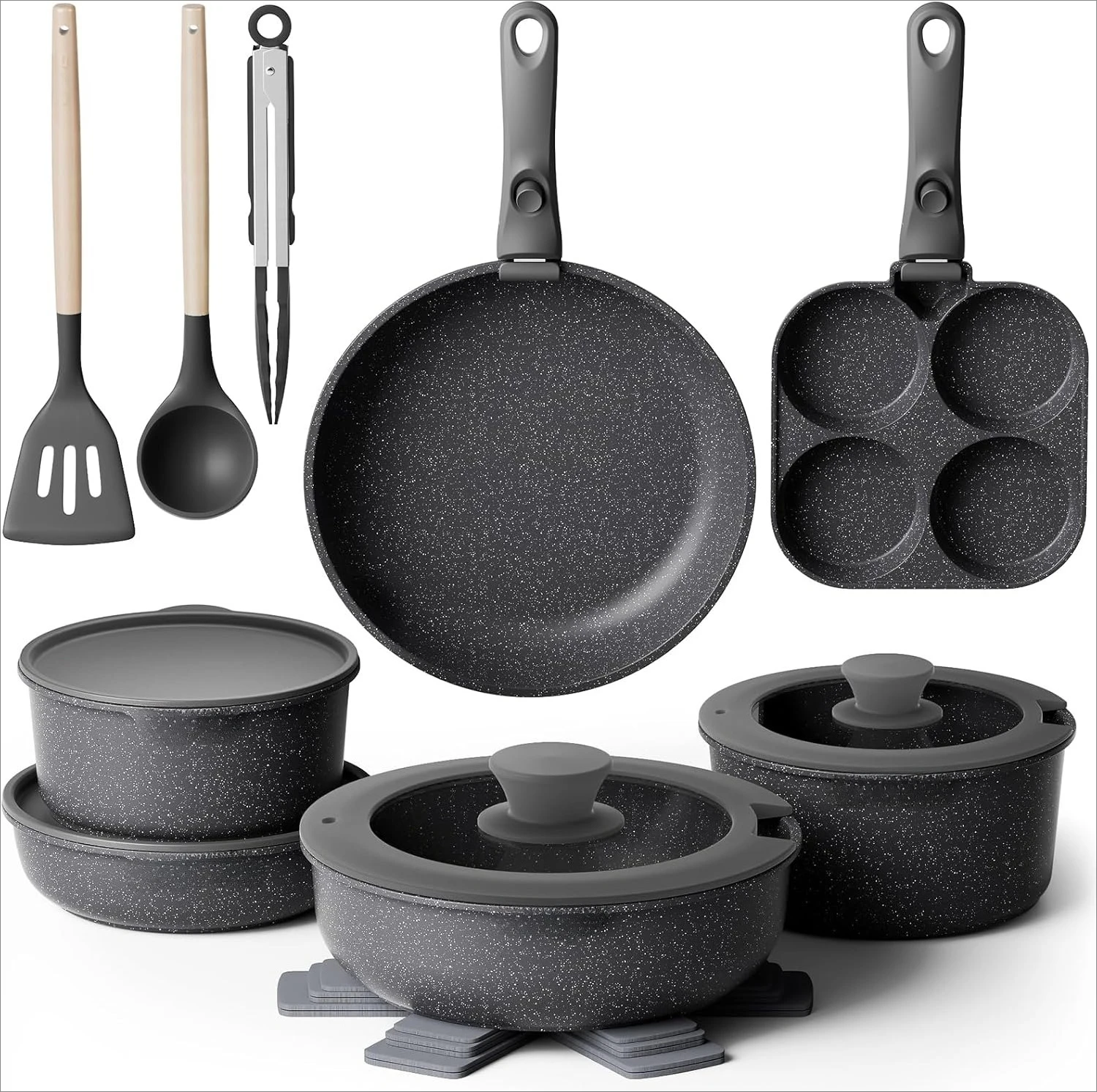 Batterie de cuisine 20 pièces, revêtement antiadhésif, poignées amovibles, compatible induction et four jusqu'à 230°C ° C
