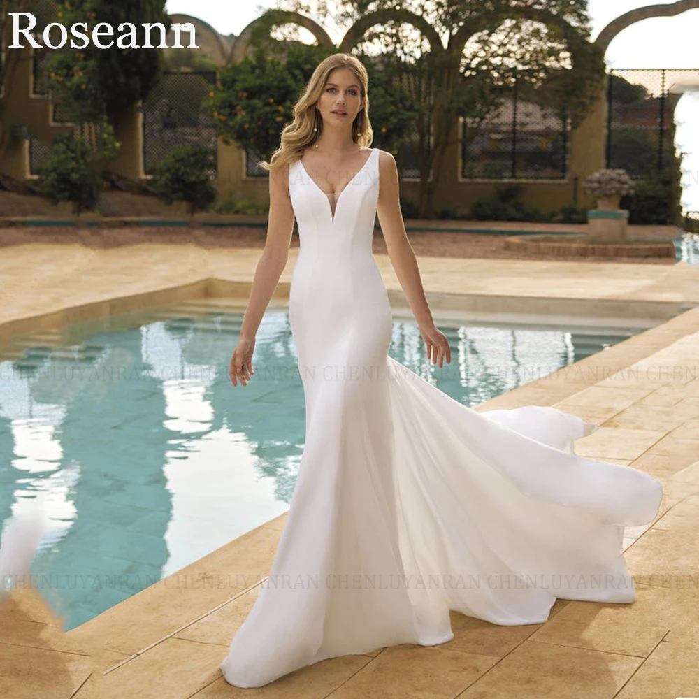 ROSEANN Classic Mermaid V-Neck Wedding Dresses 2024 New Zipper Sleeveless Pleated Open Back Long Bridal Gowns Vestido De Novia