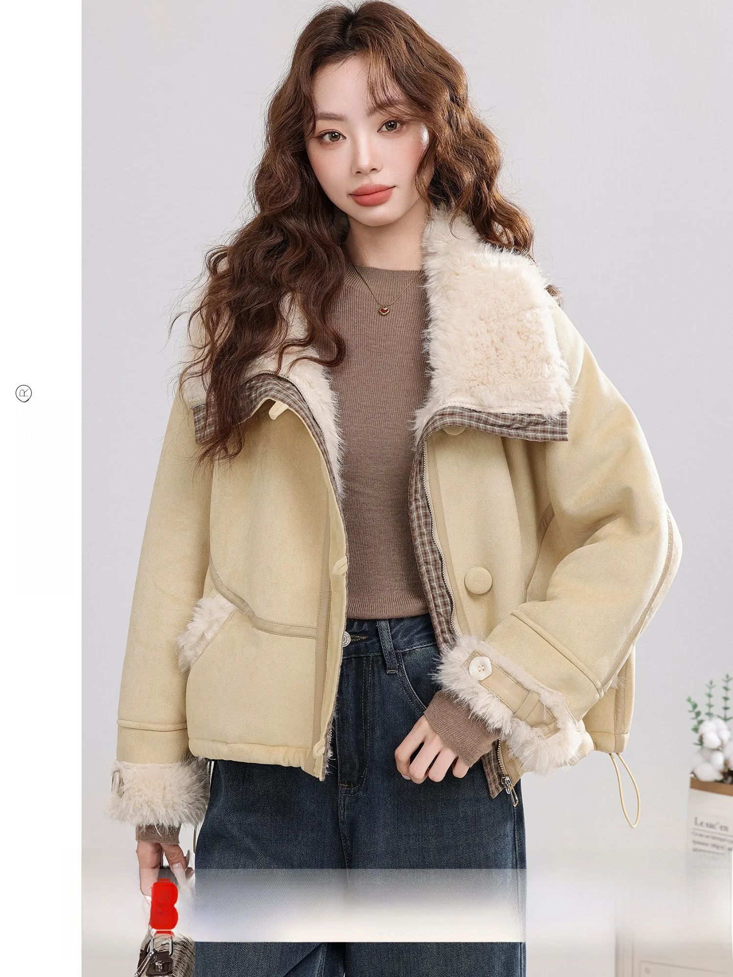 

Осенняя теплая женская куртка свободного кроя с воротником из винтажной желтой меховой кожи, с завязками по низу и застежкой-молнией, длинный рукав