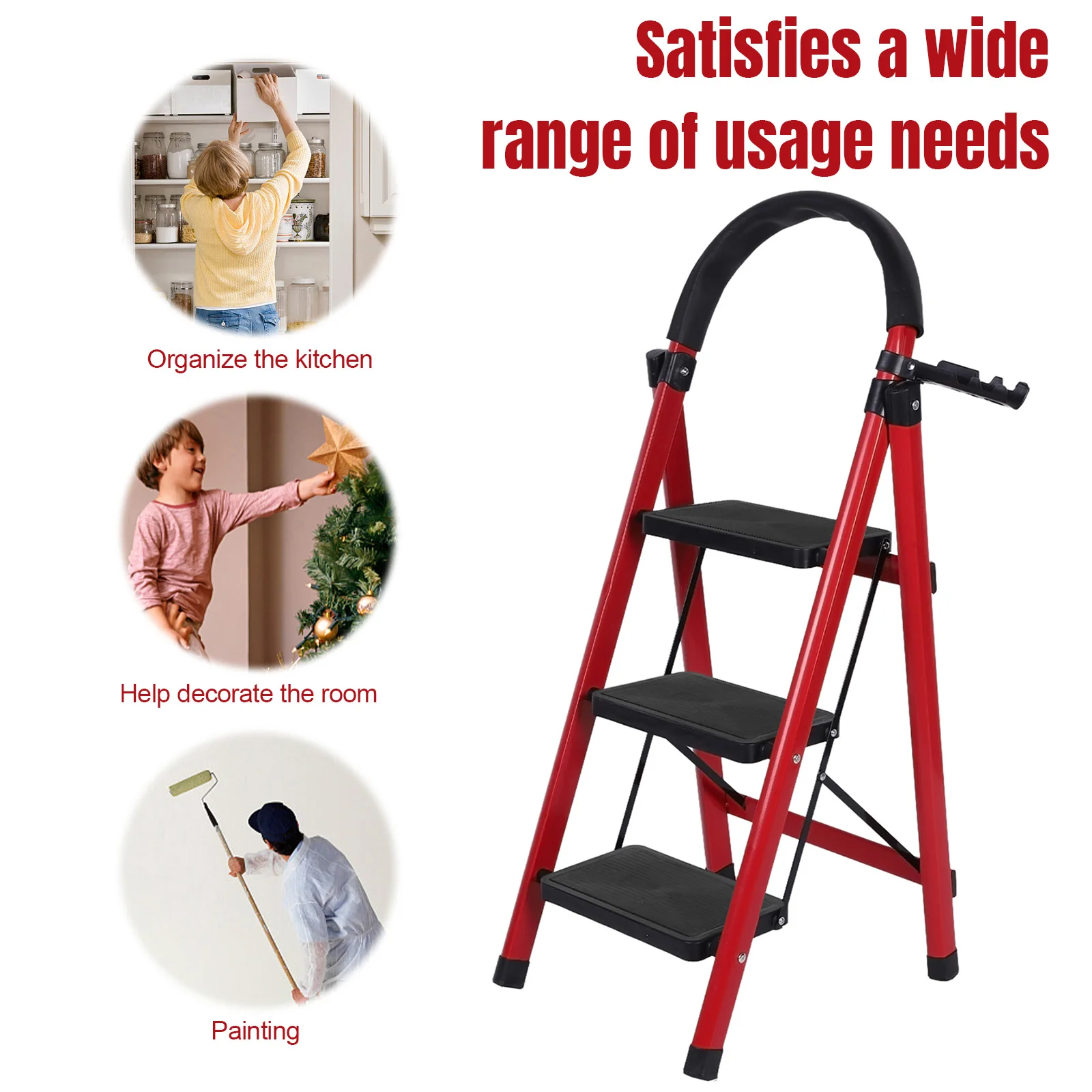 

3-ступенчатая складная лестница, прочные и портативные ступеньки, емкость 330 фунтов, широкие ступеньки на платформе для ежедневного использования на чердаке на колесах дома