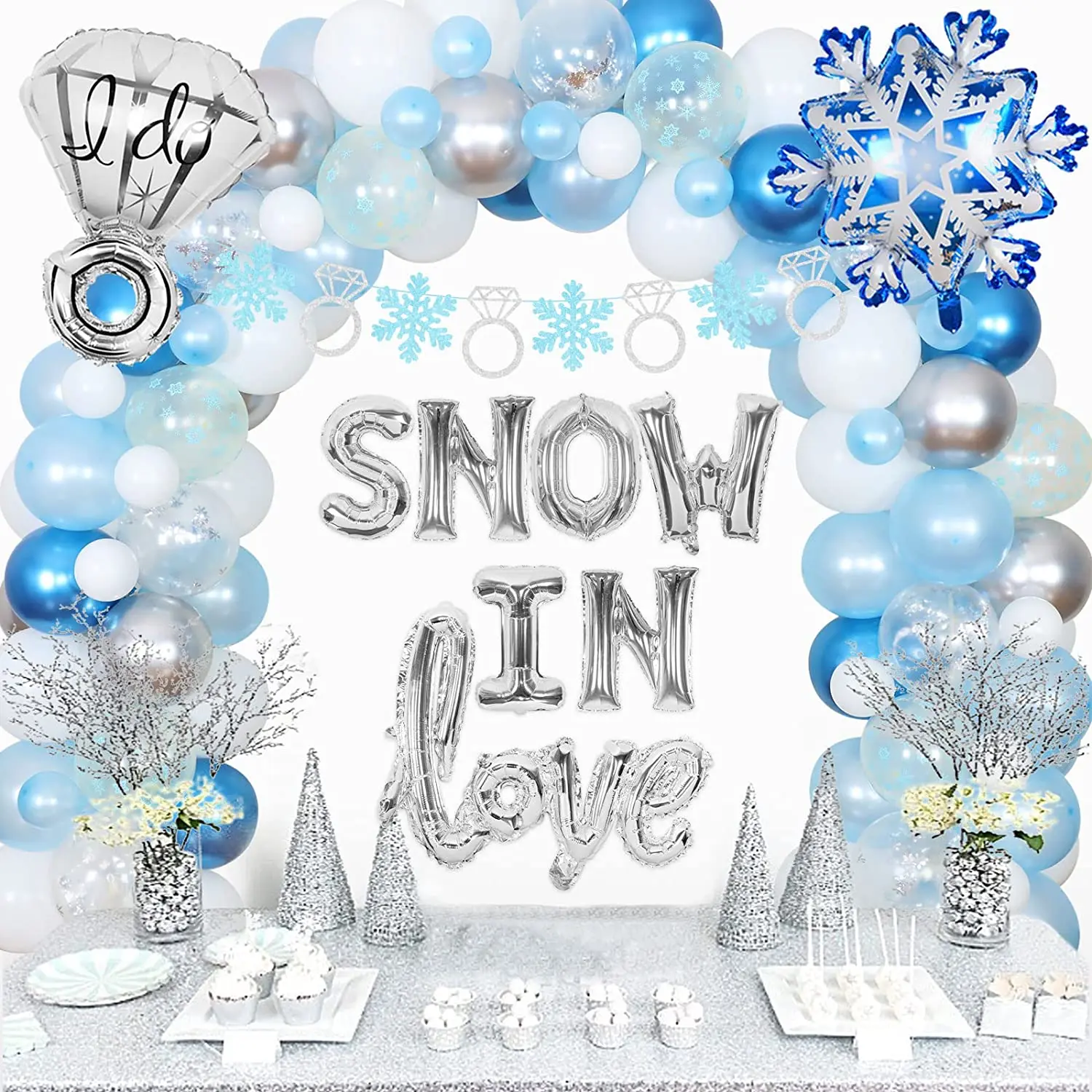 

Winter Bridal Shower Decorations Snow In Love Blue Silver Snow Ring Balloon Garland Kit Banner for Wedding Engagement Party