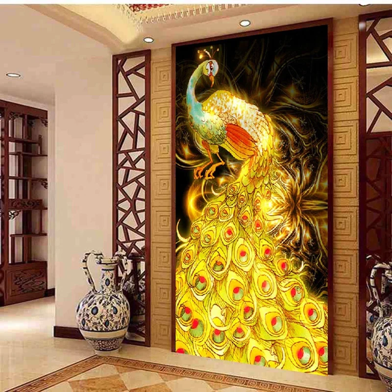 

DIY full Diamond Embroidery,Round Diamond Entrance 5D Golden phoenix peacock Living room decoration rhinestone Diamond painting