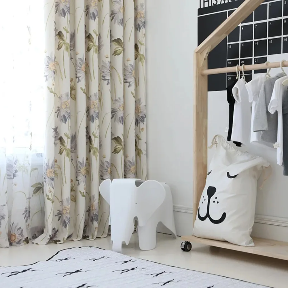 Modern Curtains for Living Dining Room Bedroom Korean Style Cotton Linen Fabric Printing Curtains Tulle French Window Door Beads