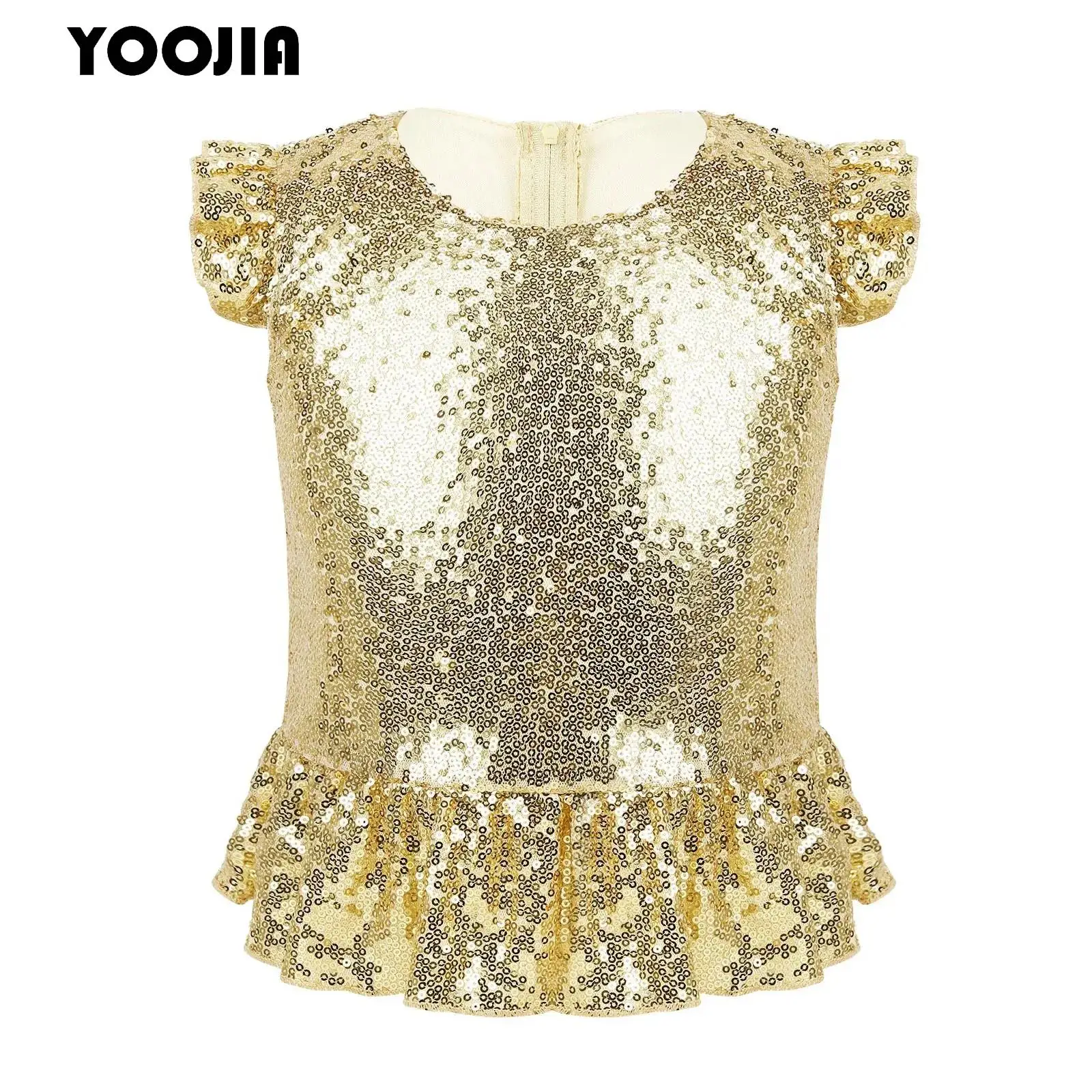 Shiny Sequin Mermaid T-Shirt Costume for Kids Girls Short Sleeveless Glittering Peplum Top Halloween Birthday Party Performance