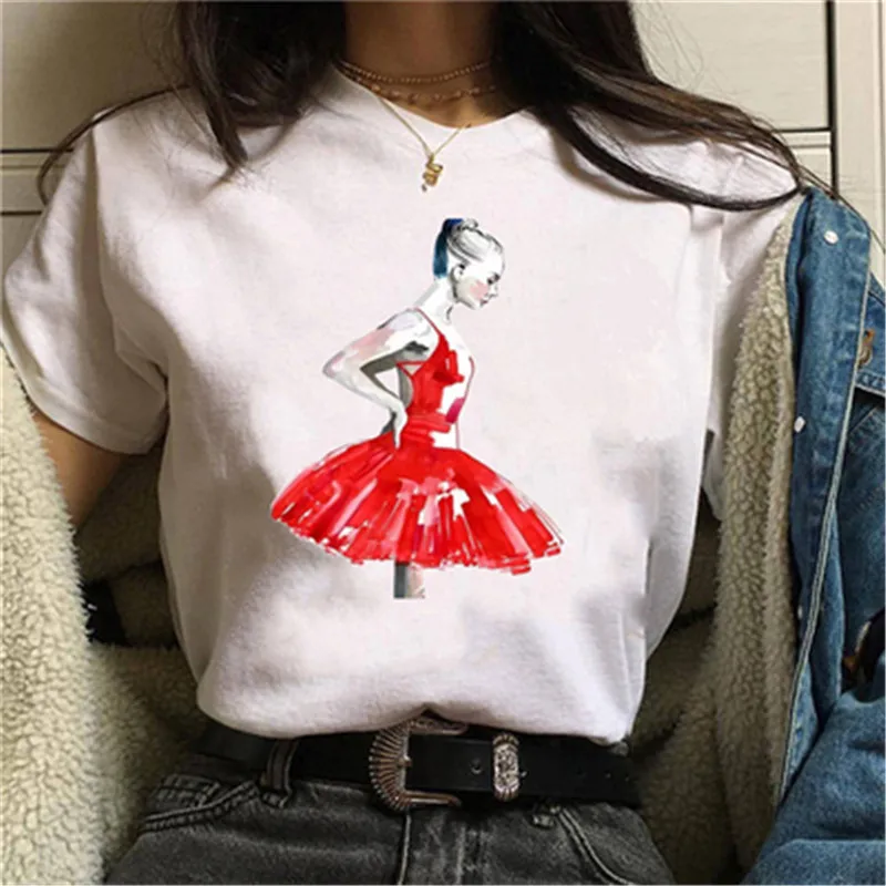 Maycaur New Ballet Printed T Shirt Harajuku Women T Shirt Cartoon Graphic Tops Tees White Ladies T-shirt Casual Woman Shirt