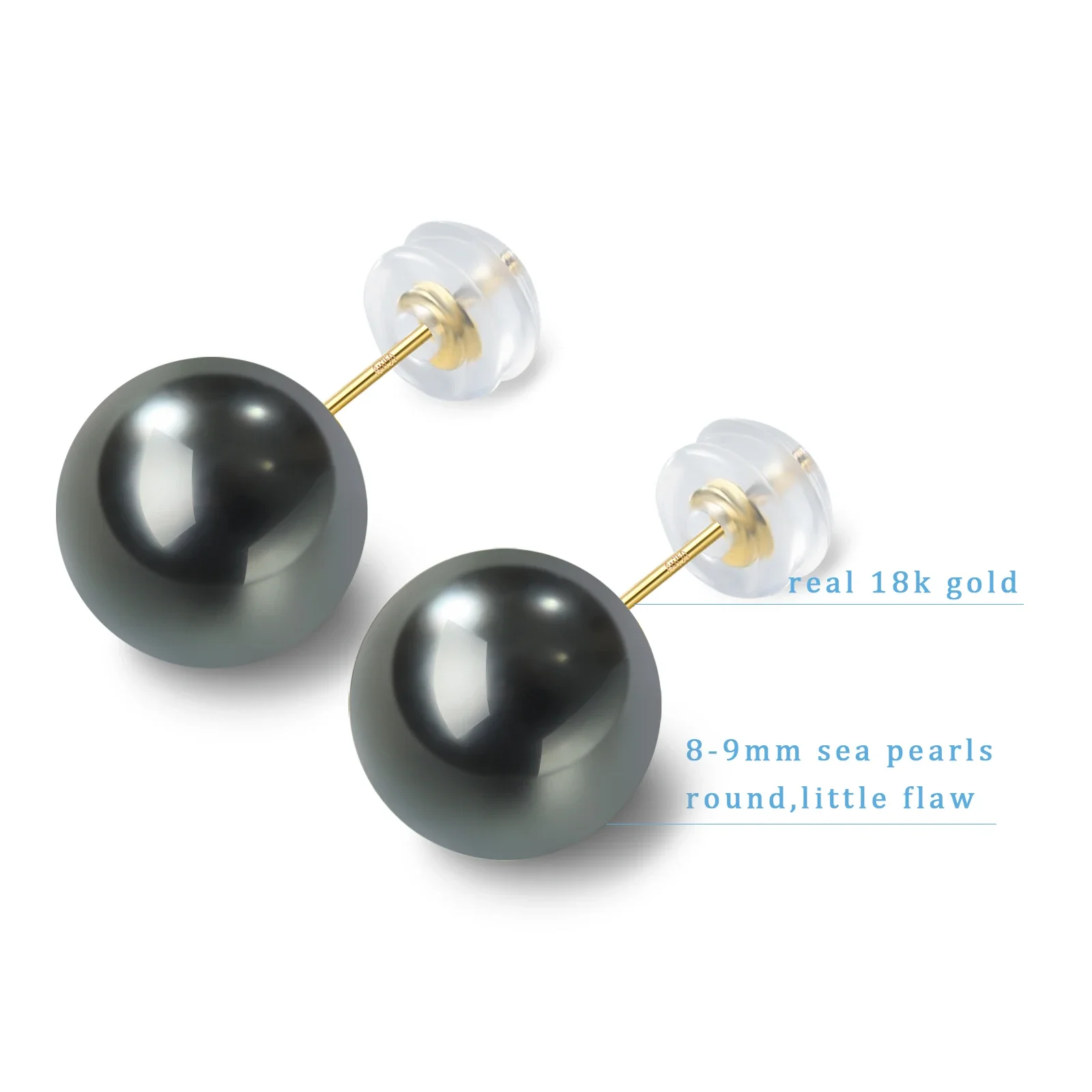 Tahitian Real Pearl Earrings for Women, Black 18k Gold Stud Earrings, Hypoallergenic Earrings with Genuine Cultured Pearls 8-9mm