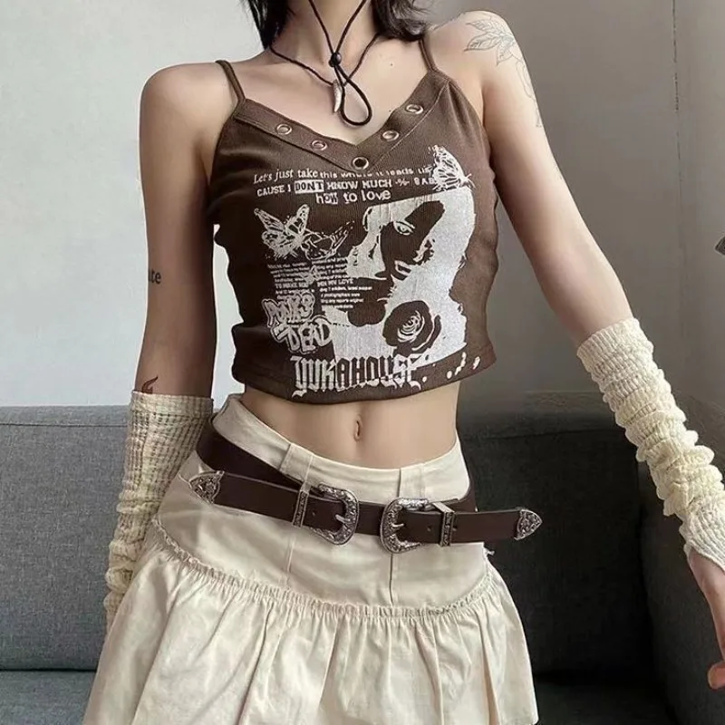 V-neck Camis Women American Retro Sprint Hollow Out Sleeveless Crop Tops Punk Style Hot Girls Summer Outerwear Personality Chic