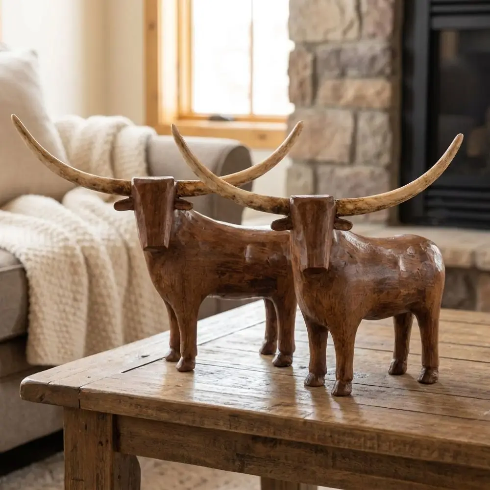 Vintage Style Longhorn Bull Sculpture Western Style Rugged Sheep Cow Figurine Handcrafted Rustic Longhorn Bull Craft Ornament