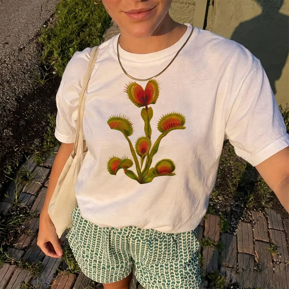Venus Fly Trap Graphic Tee Watercolor Carnivorous Plant Botanical Summer Art Print O Neck Short Sleeve Women T Shirt