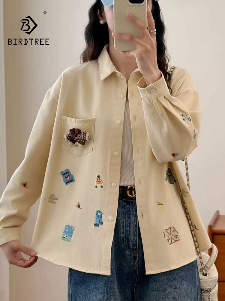 

New 2026 Spring Cotton Long Sleeve Brushed Coat, Women Turn-down Collar Embroidery, Mori Girl Preppy Style Loose Coat C5D057CC