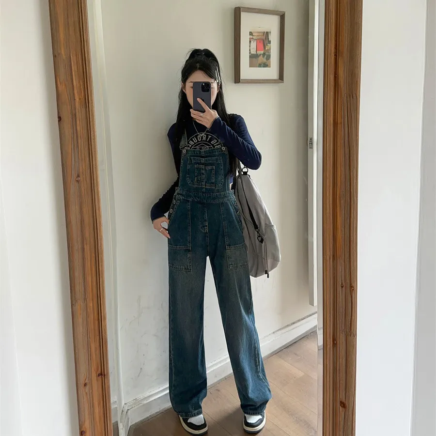 2025 New Waed Denim Overalls Women's Loose Workwear Design High Waist Long Pants Cotton 00% No Stretch Blue Color