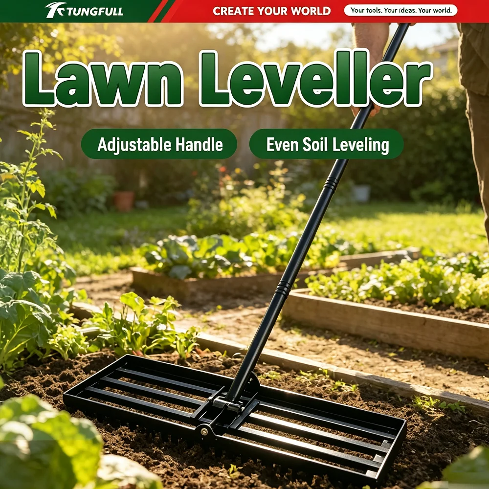 TUNGFULL Heavy Duty Foldable Lawn Leveling Rake Long Handle Grass Ground Leveler for Garden Golf Yard Landscaping