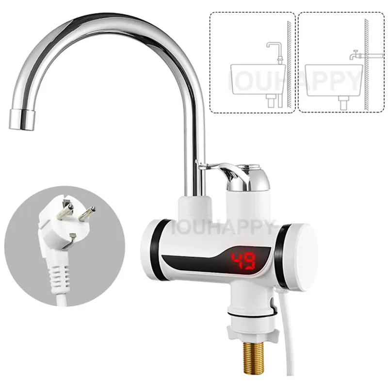 インスタント電気温水器温度表示水加熱キッチンホット-3000-ワット給湯器-led-eu-プラグキッチン蛇口付き