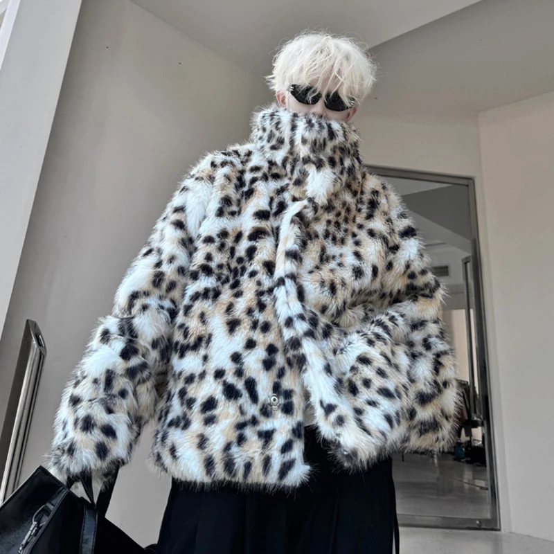 PFNW Trendy Bedeckte Taste Leopard Muster Gedruckt männer Revers Faux Pelz Lose Kausalen Baumwolle Mantel Jacke 2024 Winter Neue 9C8105