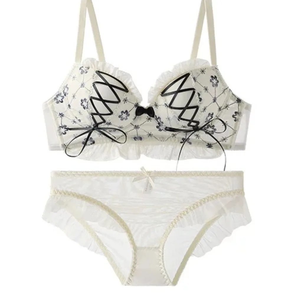 Japanese Kawaii Tie Strap Lace Bra Set, Wireless Push Up Women Lingerie Small Bust Anti Sagging Soft Fabric S-XL underwear women