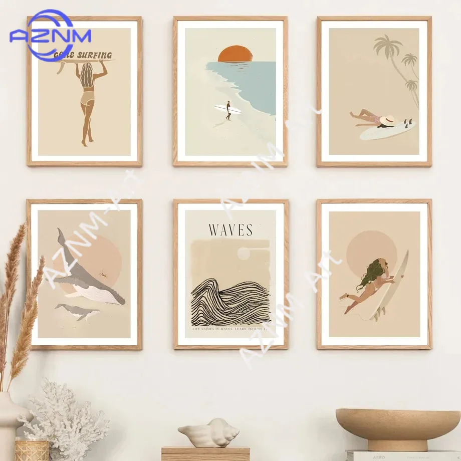 1 Stück/6 Stück Moderne Illustration Charakter Landschaft Strand Urlaub Surfen Wal Wohnzimmer Schlafzimmer Deko Wandkunst Poster