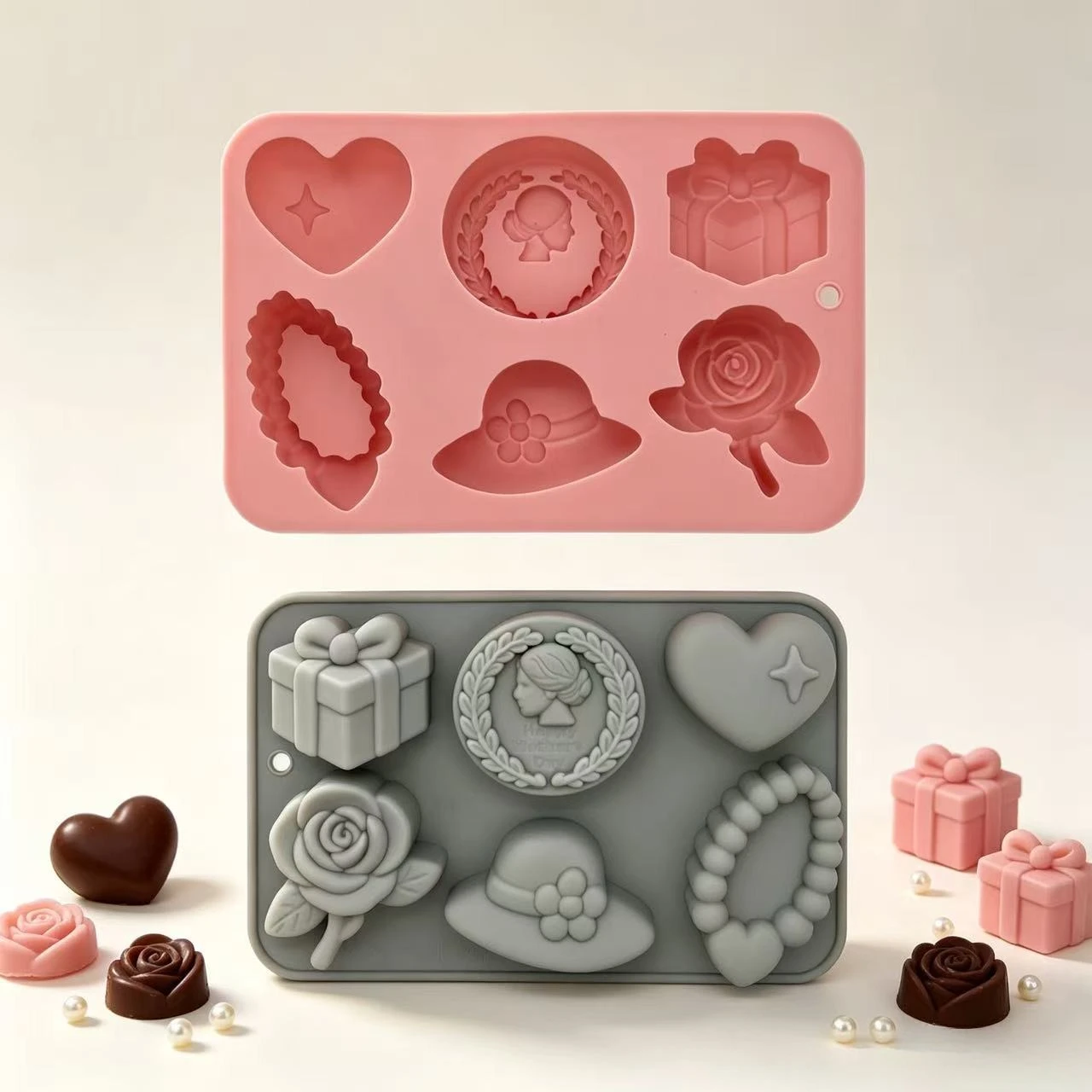 6 Cavity Women Rose Hat Heart Gift Silicone Mold Non-Stick Mould for Chocolate Cake Aroma Candle Soap Valentine Party Decor
