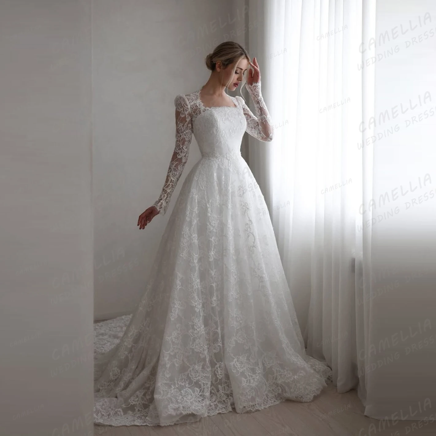 ボヘミアンレースのウェディングドレス A ライン女性のセクシーなアップリケブライダルドレスボートネック長袖エレガントな Vestidos De Novia カスタマイズ