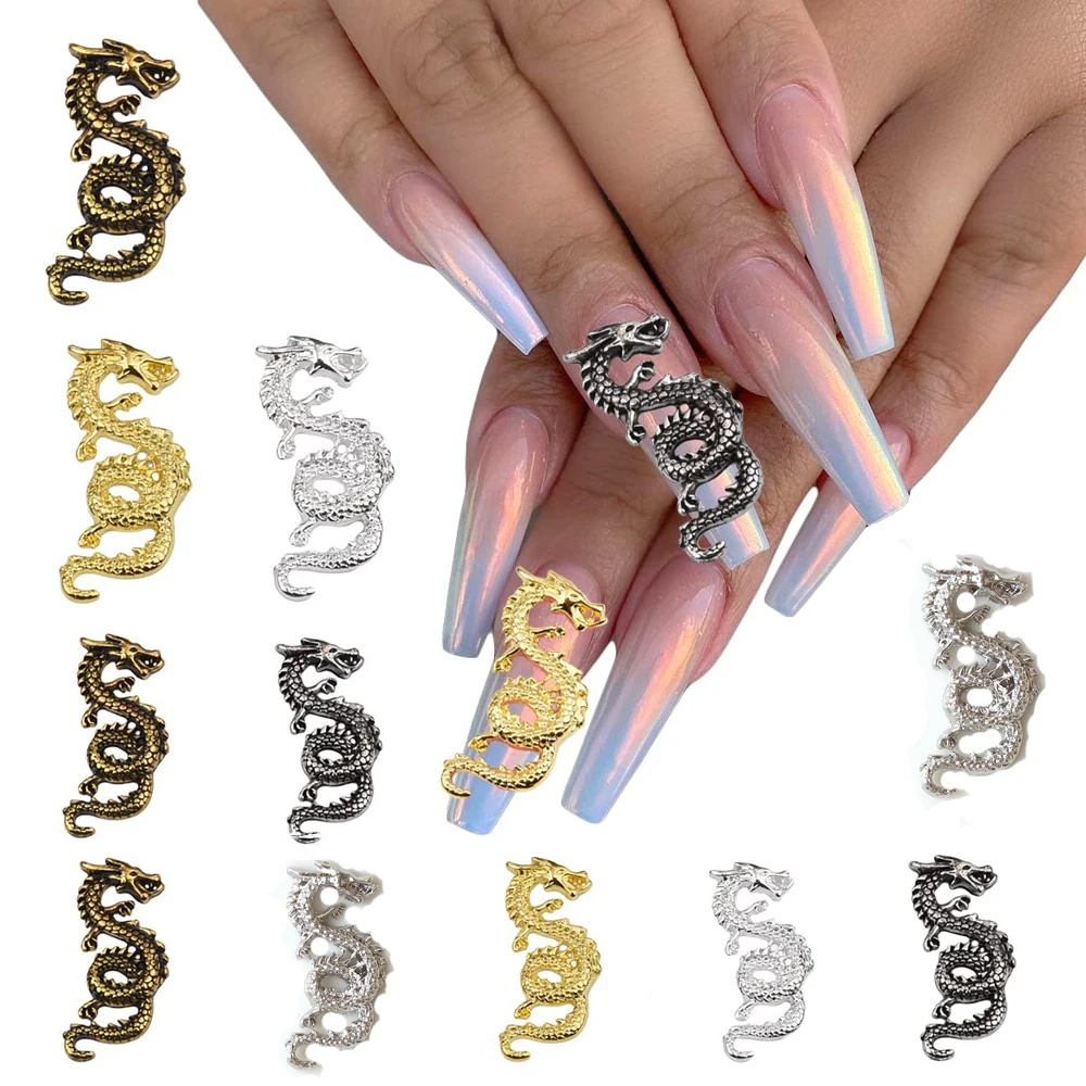 

10Pcs Gold Silver Dragon Nail Art Charms 3D Alloy Punk Chinese Zodiac Dragon Nail Decorations Luxury DIY Manicure Accessories