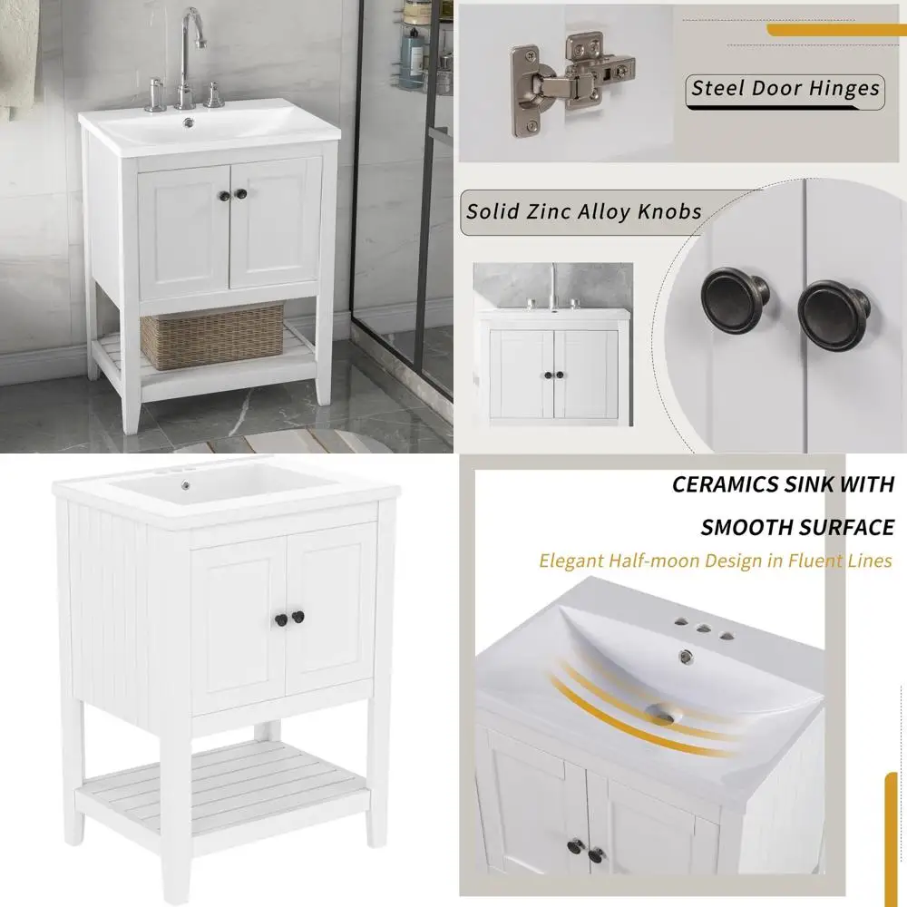 خزانة حمام واحدة من الخشب الصلب مقاس 24 بوصة مع حوض وأبواب ورف مفتوح للمساحات الصغيرة #1