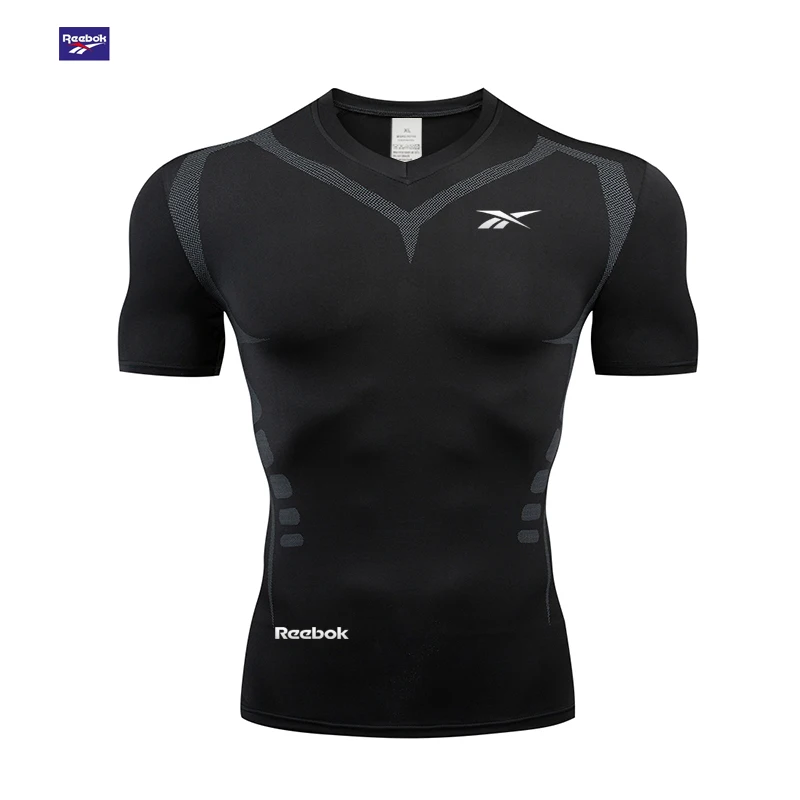 Reebok logo men's running tight-fitting sports shirt-quick-drying football short-sleeved shirt-casual sportswear-excellent breat